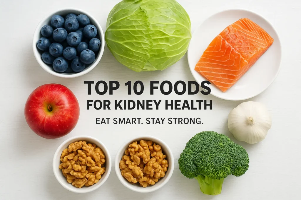 A flat-lay of healthy foods for kidney health including blueberries, apples, garlic, and salmon arranged on a clean surface with text “Top 10 Foods for Kidney Health.”