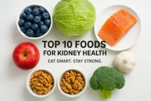 A flat-lay of healthy foods for kidney health including blueberries, apples, garlic, and salmon arranged on a clean surface with text “Top 10 Foods for Kidney Health.”