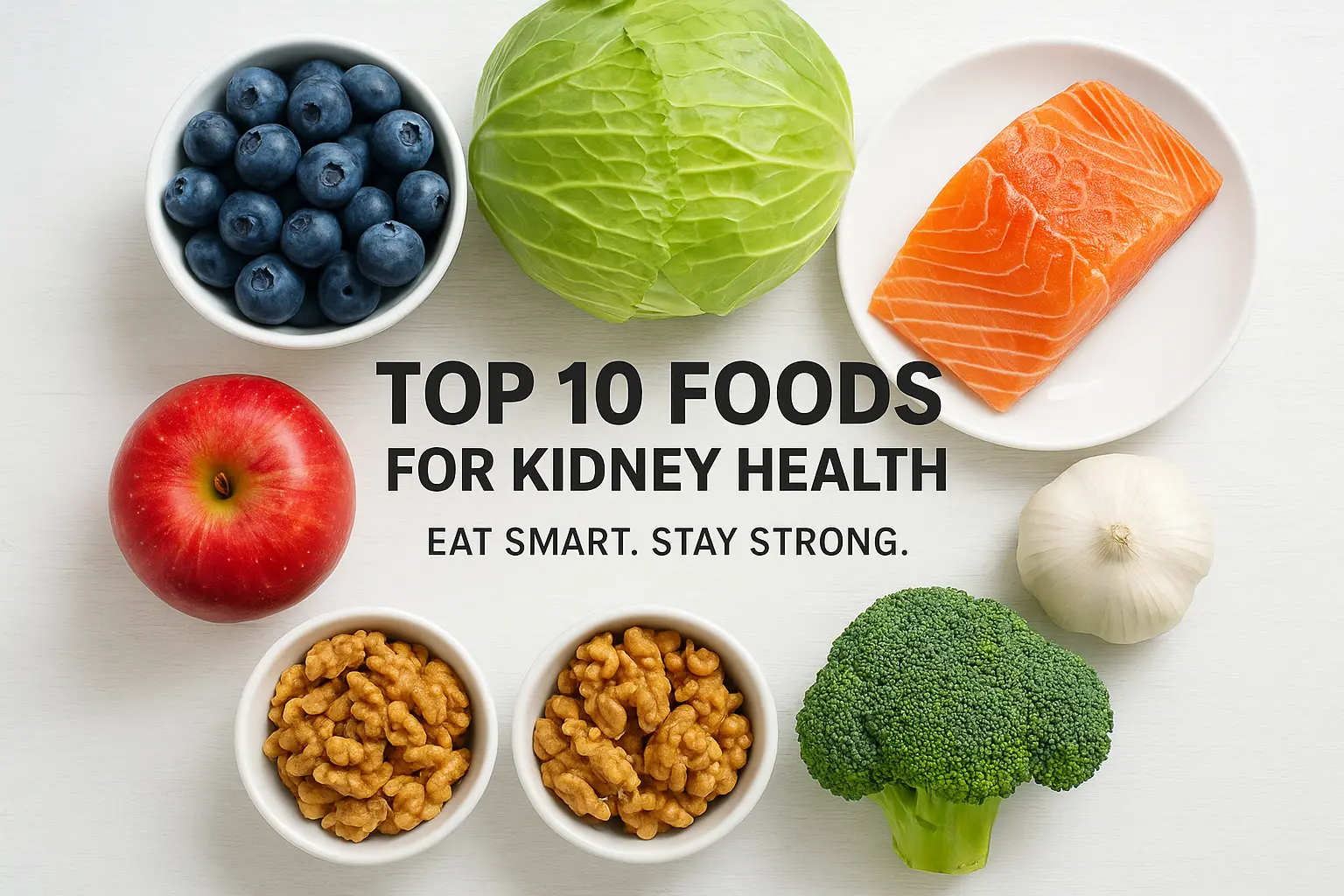 A flat-lay of healthy foods for kidney health including blueberries, apples, garlic, and salmon arranged on a clean surface with text “Top 10 Foods for Kidney Health.”