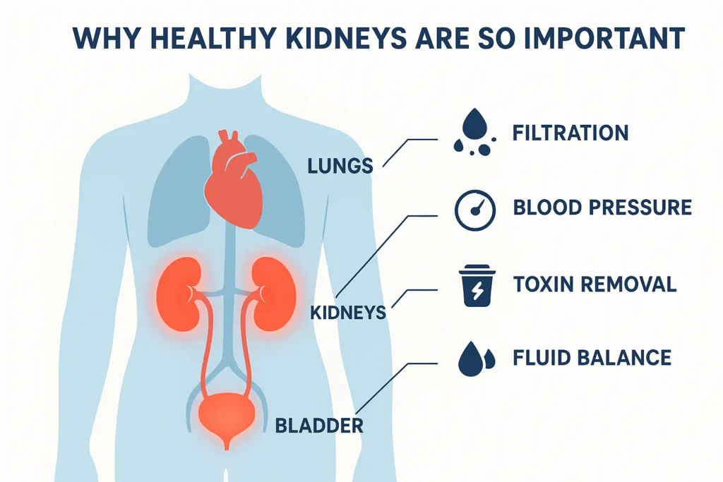 Medical illustration showing the human body with kidneys highlighted in glowing red, labeled organs (heart, lungs, bladder), and icons for filtration, blood pressure, toxin removal, and fluid balance — explaining why kidneys are important and the role of foods for kidney health.