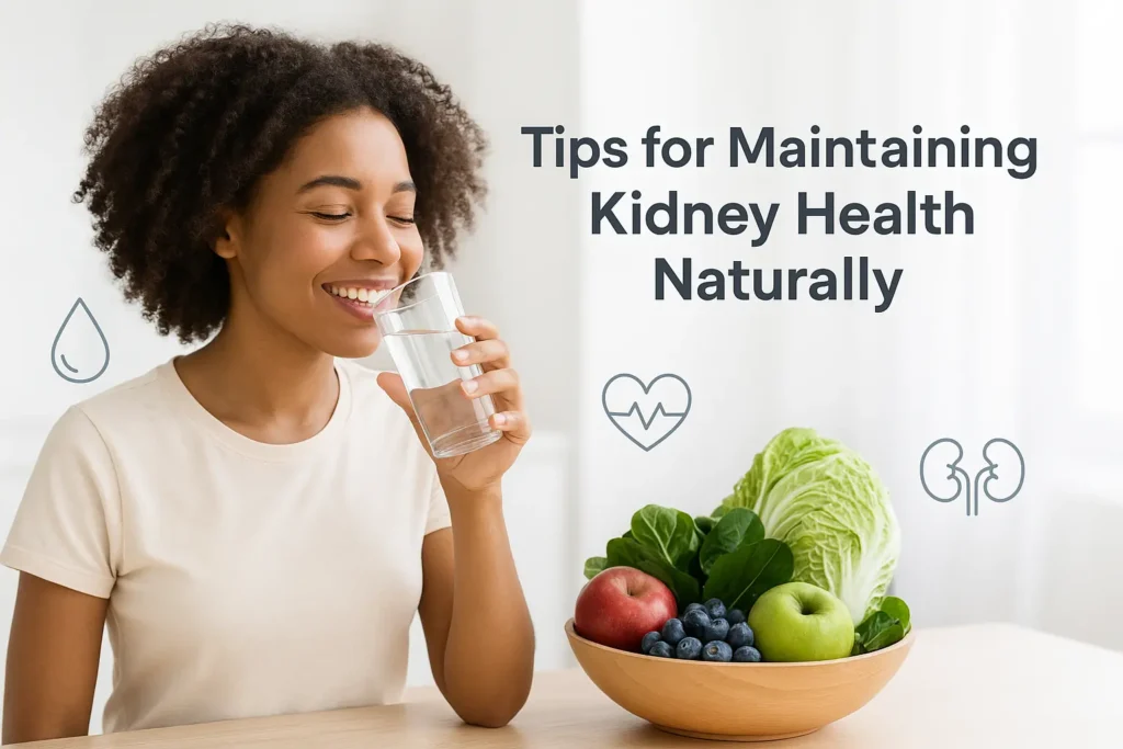 A bright landscape image showing a healthy person drinking water with fresh fruits, vegetables, and medical icons symbolizing hydration and wellness — representing tips for maintaining kidney health naturally and promoting foods for kidney health.