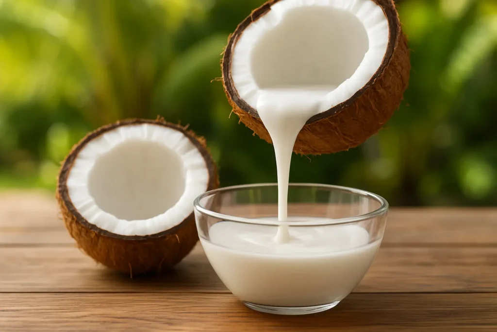 Fresh coconut milk being poured from coconut into a bowl, showing natural coconut milk benefits for health