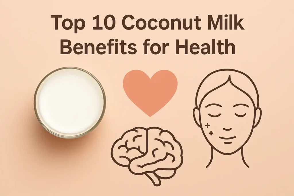 Flat-lay collage showing coconut milk glass, glowing skin, heart, and brain icons to represent coconut milk benefits for health
