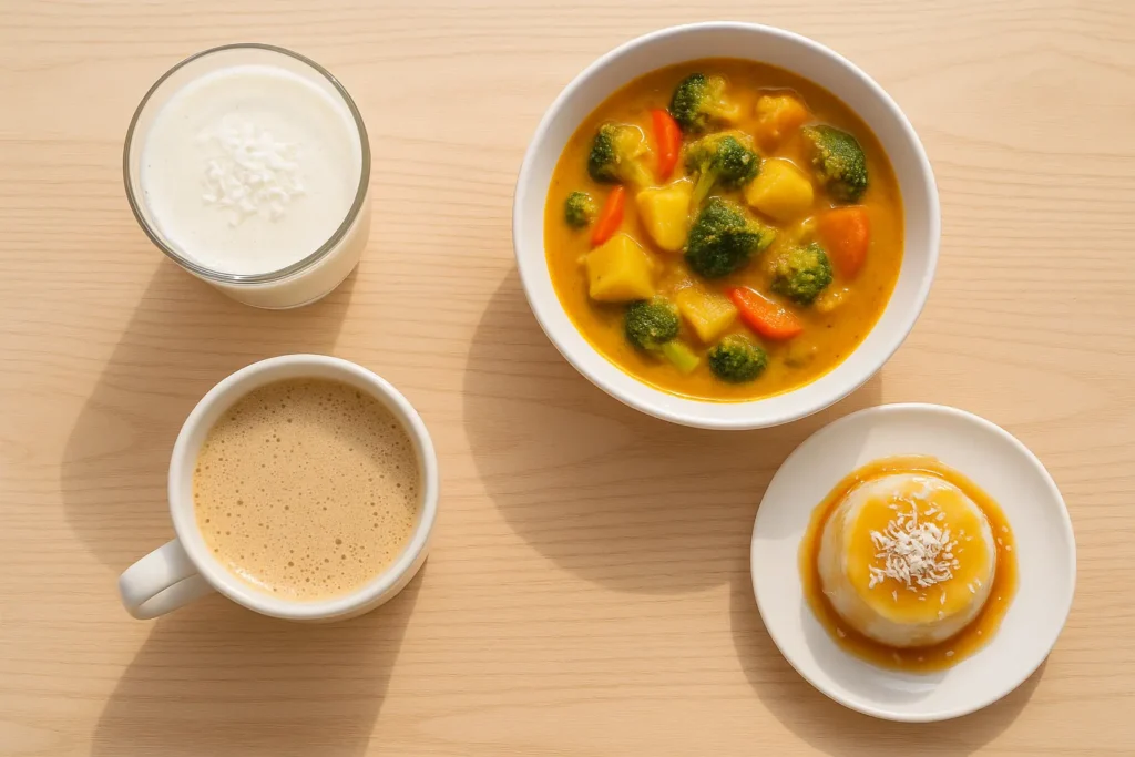 Coconut milk smoothie, curry, coffee, and dessert on a table — showing everyday ways to enjoy coconut milk benefits for health