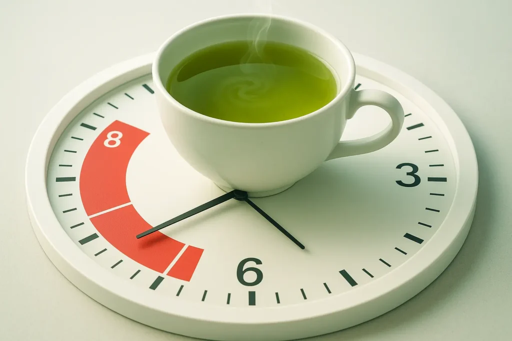 Cup of green tea on a clock showing red danger zones illustrating the worst time to drink green tea.