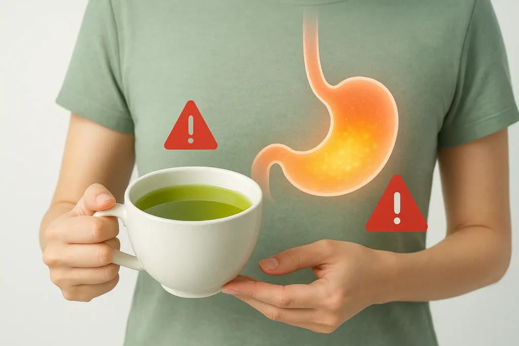 Person holding green tea with glowing stomach and warning signs showing acidity from the worst time to drink green tea.