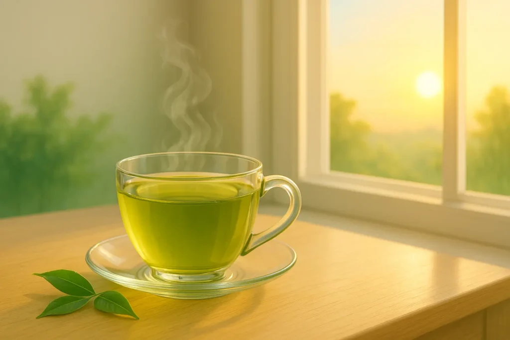 Morning sunrise with a cup of green tea symbolizing the best time compared to the worst time to drink green tea.