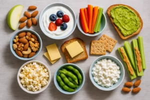 A vibrant collection of ten good snacks for diabetics, including nuts, yogurt, veggies, and avocado toast, arranged beautifully on a wooden table.