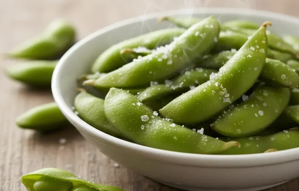 A warm and protein-packed good snack for diabetics - steamed edamame sprinkled with sea salt.