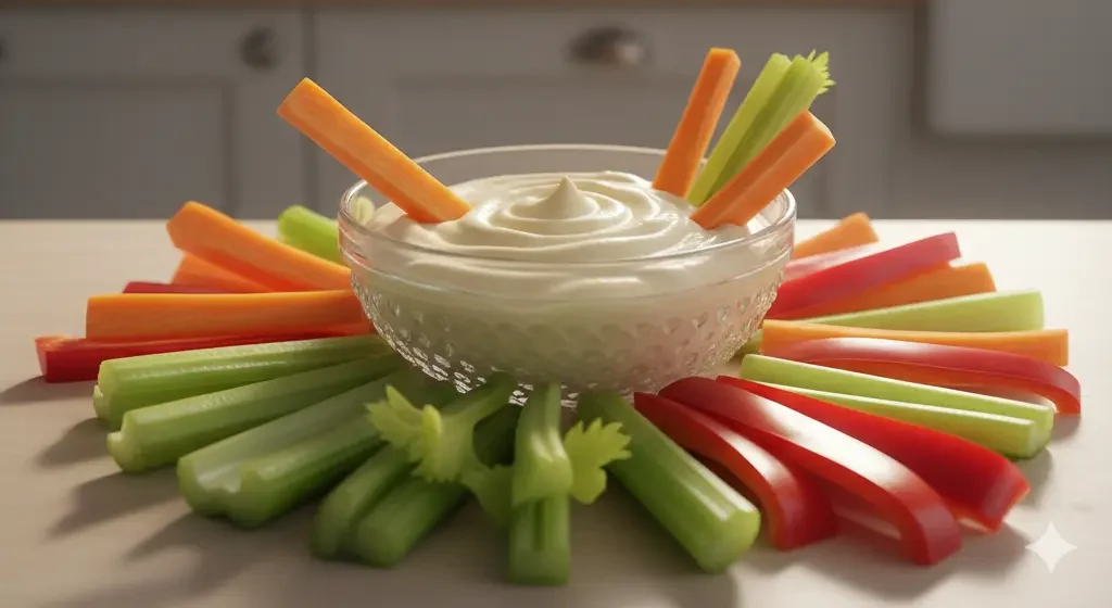 A colorful and crunchy good snack for diabetics with carrot, celery, and pepper sticks served with hummus.