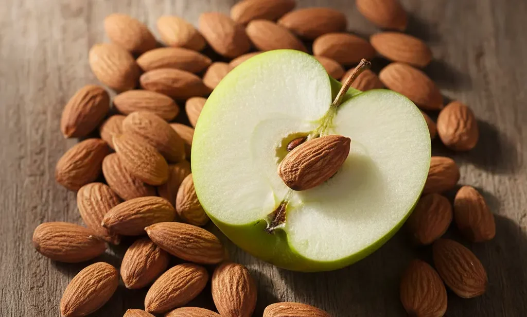 A simple and powerful good snacks for diabetics featuring raw almonds and a fresh green apple on a wooden board.