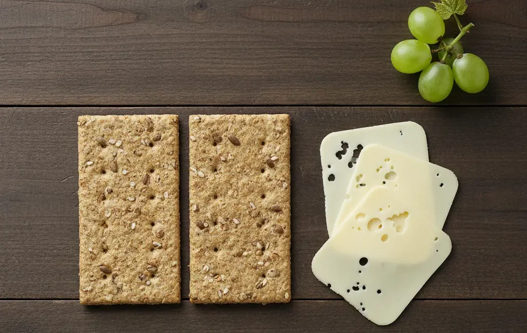 A savory and satisfying good snack for diabetics with low-fat cheese and whole-grain crackers.