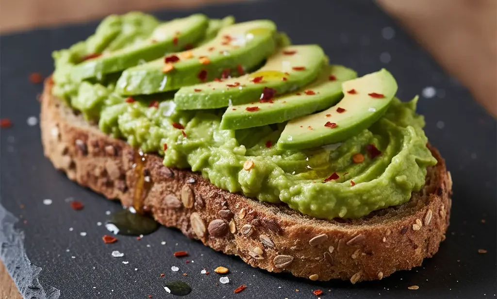 A satisfying and filling good snack for diabetics - mashed avocado on a slice of seeded whole-grain toast.