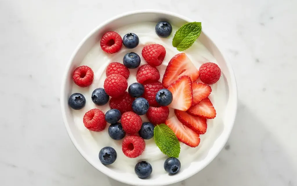 A creamy and sweet good snack for diabetics: plain Greek yogurt topped with fresh blueberries and raspberries.