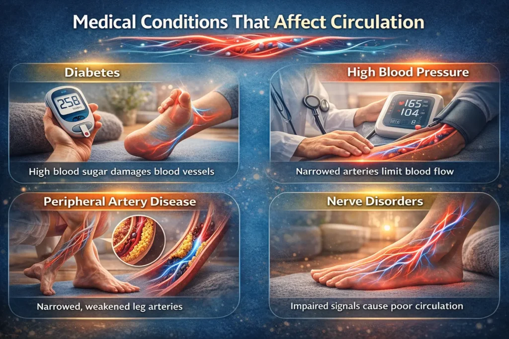 Medical diagram showing diabetes, high blood pressure, peripheral artery disease, and nerve disorders explaining how to improve blood circulation in feet through proper management