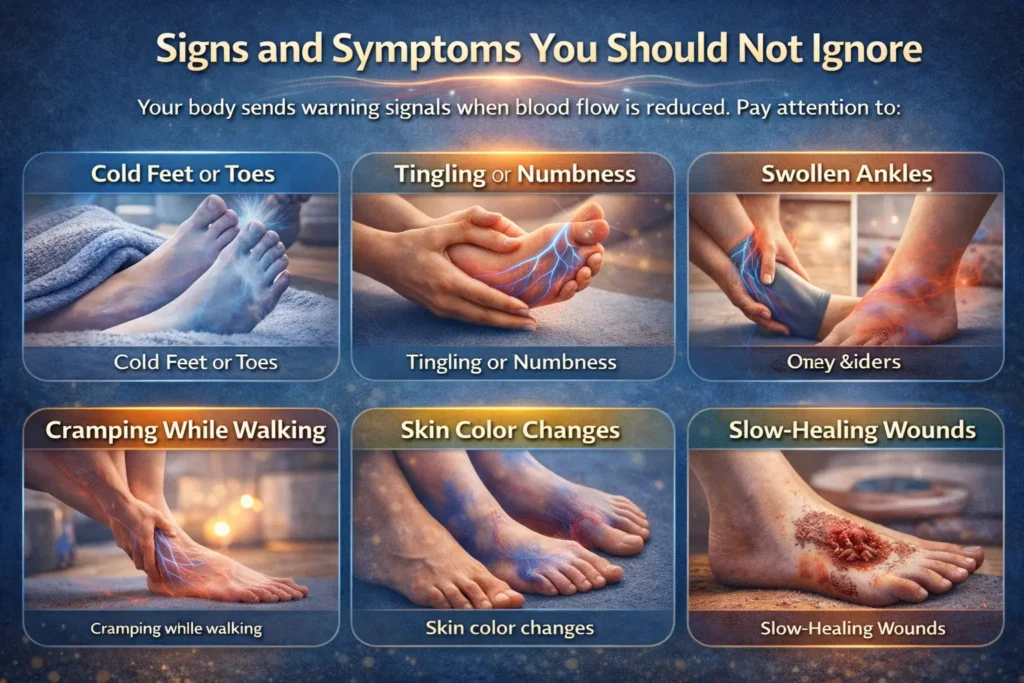 Visual diagram showing cold feet, tingling, swollen ankles, cramping, skin color changes, and slow-healing wounds related to how to improve blood circulation in feet