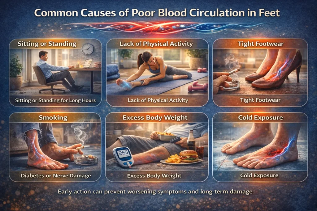 Infographic showing sitting too long, lack of exercise, tight footwear, smoking, obesity, diabetes, and cold exposure explaining how to improve blood circulation in feet