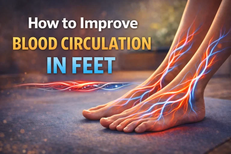 Featured image showing healthy feet with glowing blood flow lines explaining how to improve blood circulation in feet naturally and effectively