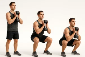 A 3D illustrated sequence showing correct dumbbell squat form in three stages—start, mid, and bottom—demonstrating proper leg exercises with dumbbells.