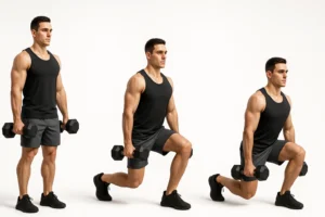 3D fitness tutorial of a man performing a dumbbell reverse lunge with arrows and labels, teaching correct leg exercises with dumbbells for beginners.