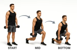 A 3-step 3D forward lunge demonstration with arrows and labeled positions, showing how to properly perform leg exercises with dumbbells.