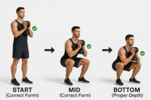 A 3D goblet squat tutorial featuring start, mid, and bottom positions, arrows, and green check marks, highlighting proper leg exercises with dumbbells.