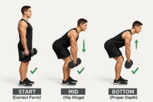 A 3D goblet squat tutorial featuring start, mid, and bottom positions, arrows, and green check marks, highlighting proper leg exercises with dumbbells.