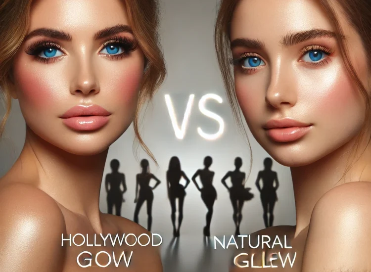 DALL·E 2025-03-19 14.05.25 – A side-by-side comparison of Hollywood glow vs. natural glow. On the left, a glamorous woman with flawless, airbrushed skin, heavy makeup, and profess hollywood Glow VS Ntural Glow